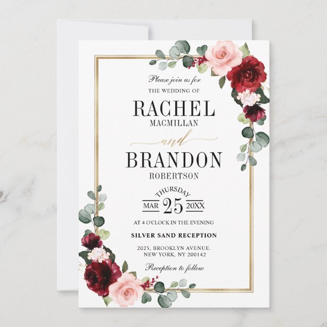 Burgundy Blush Floral Modern Geometric Wedding Invitation (Front)