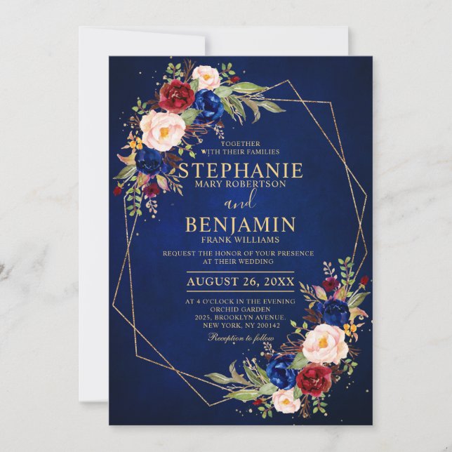 Burgundy Blush Floral Modern Geometric Wedding Invitation (Front)