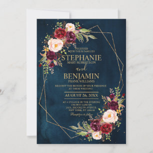 Burgundy Blush Floral Modern Geometric Wedding Invitation