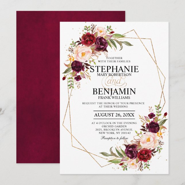 Burgundy Blush Floral Modern Geometric Wedding Invitation (Front/Back)