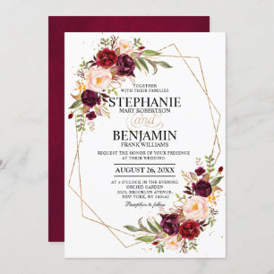Burgundy Blush Floral Modern Geometric Wedding Invitation