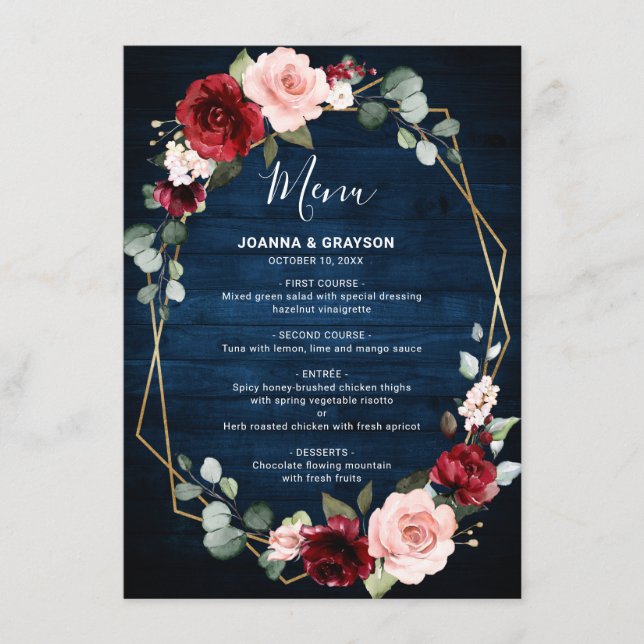 Burgundy Blush Floral Modern Geometric Wedding Menu (Front)
