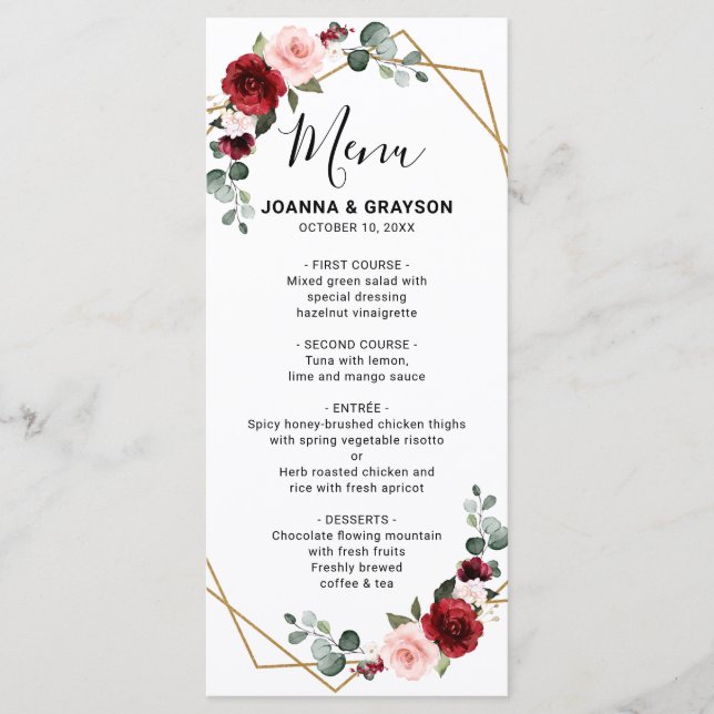 Burgundy Blush Floral Modern Geometric Wedding Menu (Front)