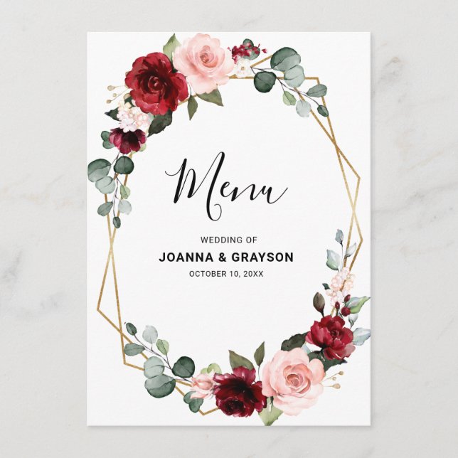 Burgundy Blush Floral Modern Geometric Wedding Menu (Front)