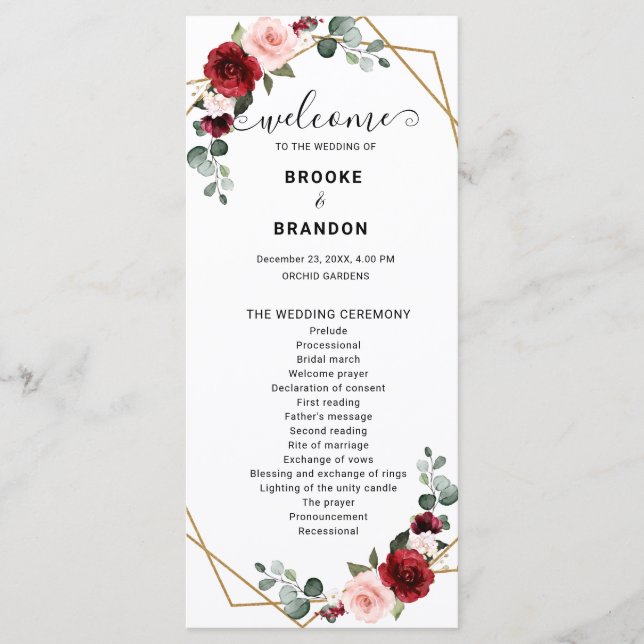 Burgundy Blush Floral Modern Geometric Wedding Programme (Front)