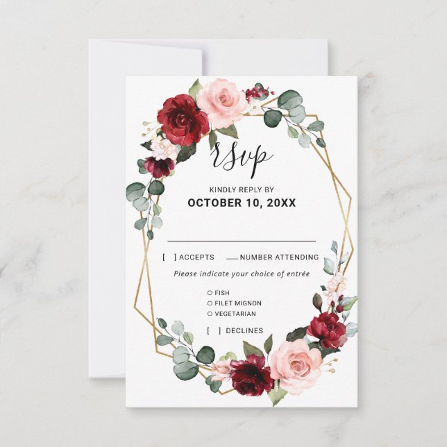 Burgundy Blush Floral Modern Geometric Wedding RSVP Card (Front)