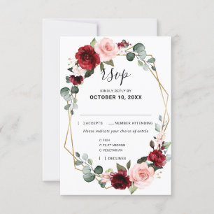 Burgundy Blush Floral Modern Geometric Wedding RSVP Card
