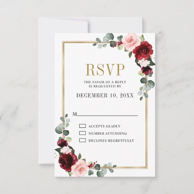Burgundy Blush Floral Modern Geometric Wedding RSVP Card (Front)