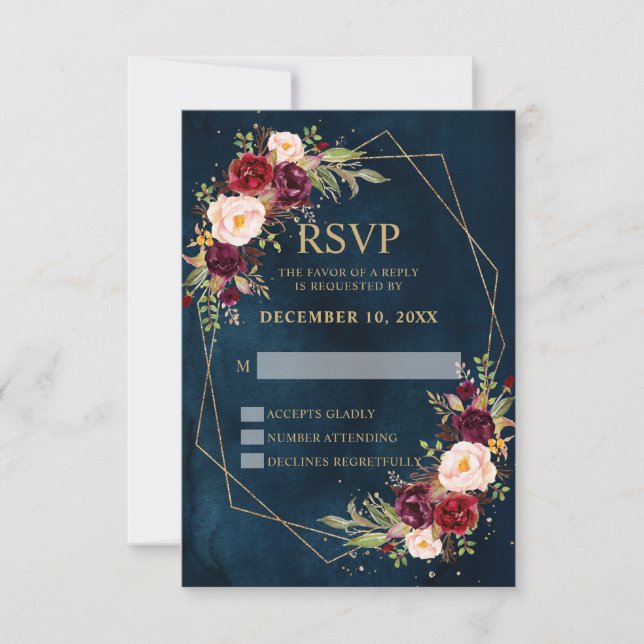 Burgundy Blush Floral Modern Geometric Wedding RSVP Card (Front)