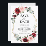 Burgundy Blush Floral Modern Geometric Wedding Save The Date<br><div class="desc">Elegant and modern romantic geometric watercolor floral save the date card features a bouquet of burgundy / marsala , blush pink, Purple, peach watercolor roses with matching foliage. Perfect for a fall / midsummer wedding. Please find more matching designs and variations from my "blissweddingpaperie" store. And feel free to contact...</div>
