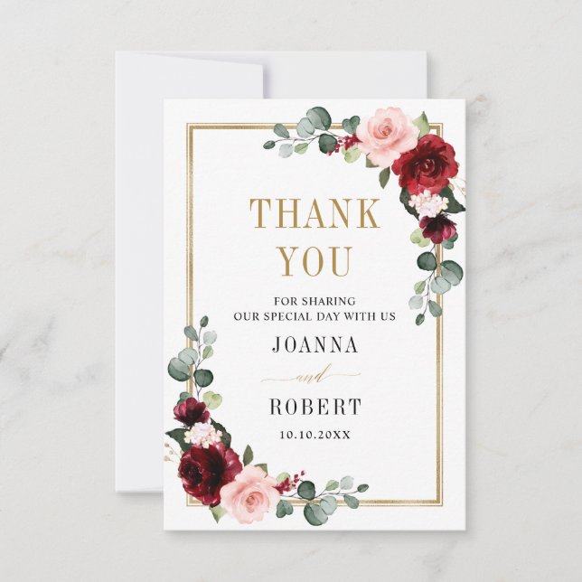Burgundy Blush Floral Modern Geometric Wedding Thank You Card (Front)