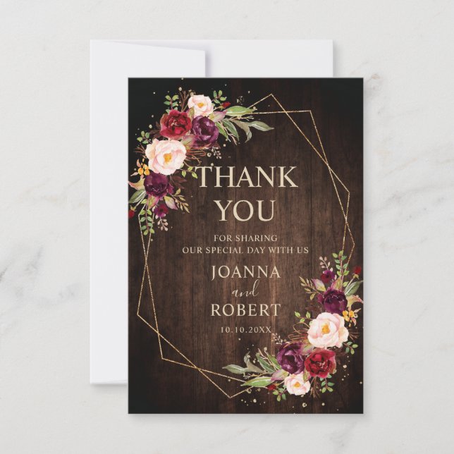 Burgundy Blush Floral Modern Geometric Wedding Thank You Card (Front)
