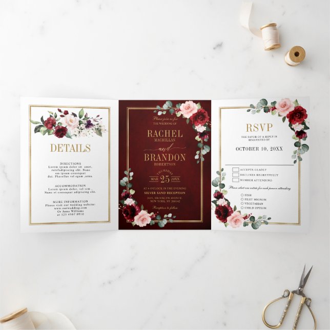 Burgundy Blush Floral Modern Geometric Wedding Tri Tri-Fold Announcement (Inside)