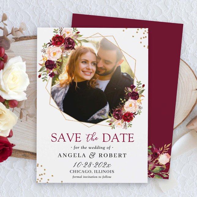 Burgundy Blush Floral Modern Gold Geometric Photo Save The Date (Creator Uploaded)