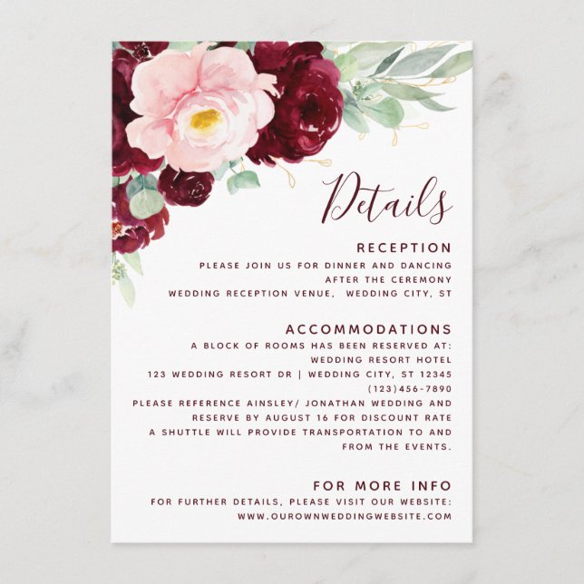 Burgundy Blush Floral Modern Wedding Details Enclosure Card (Front)