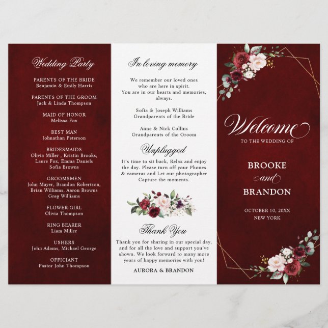 Burgundy Blush Floral Modern Wedding Program (Front)
