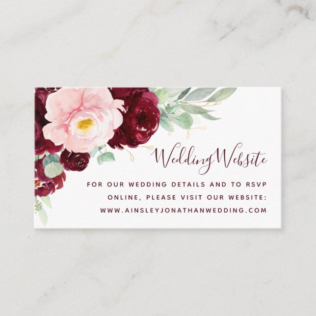 Burgundy Blush Floral Modern Wedding Website Enclosure Card (Front)