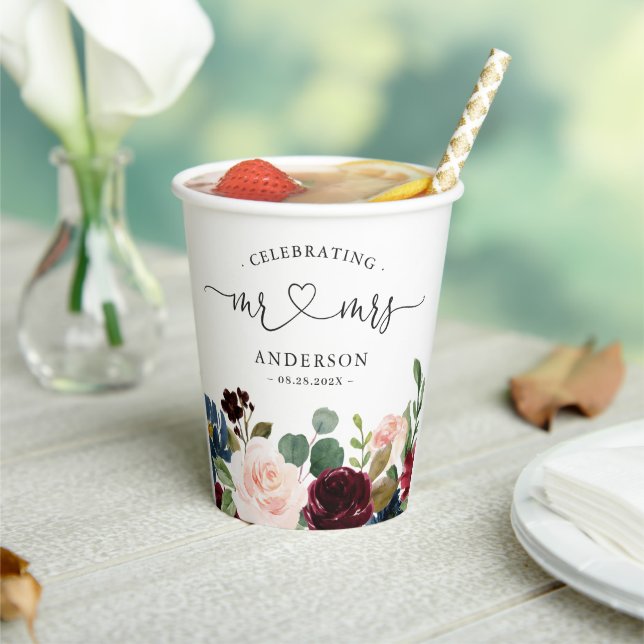Burgundy Blush Floral Mr and Mrs Script Wedding Paper Cups (Insitu)