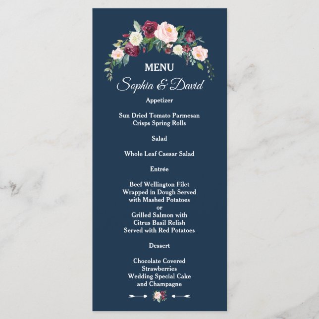 Burgundy Blush Floral Navy Blue Floral Wedding Menu (Front)