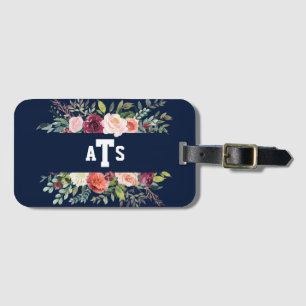 Burgundy Blush Floral Navy Blue Monogram Luggage Tag