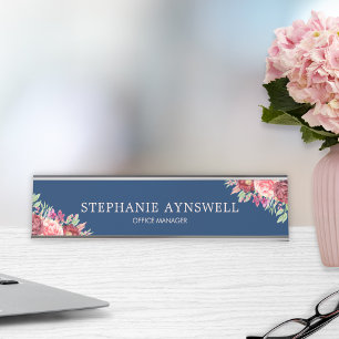 Burgundy Blush Floral Navy Blue Personalised Desk Name Plate