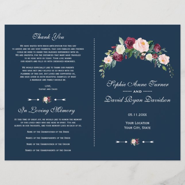 Burgundy Blush Floral Navy Blue Wedding Program Flyer (Front)