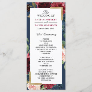 Burgundy Blush Floral Navy Blue Wedding Program Programme