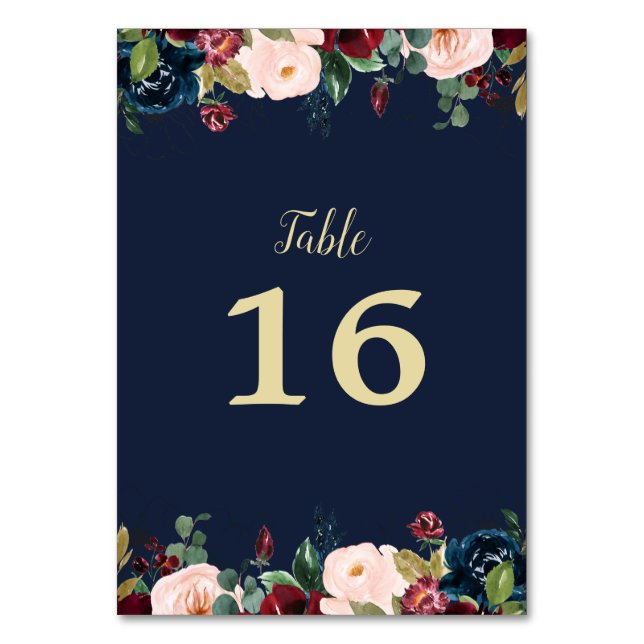 burgundy blush floral navy blue wedding table number (Front)