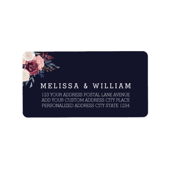 Burgundy Blush Floral Navy Wedding Return Address Label (Front)