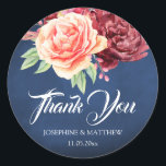 Burgundy Blush Floral Navy Wedding Thank You Classic Round Sticker<br><div class="desc">These wedding thank you stickers feature a watercolor floral design with a navy chalkboard background. Personalise these stickers with your names and wedding date. These stickers are part of a collection which includes matching wedding stationery and gifts. Please visit the collection pages in our store to see the full range...</div>