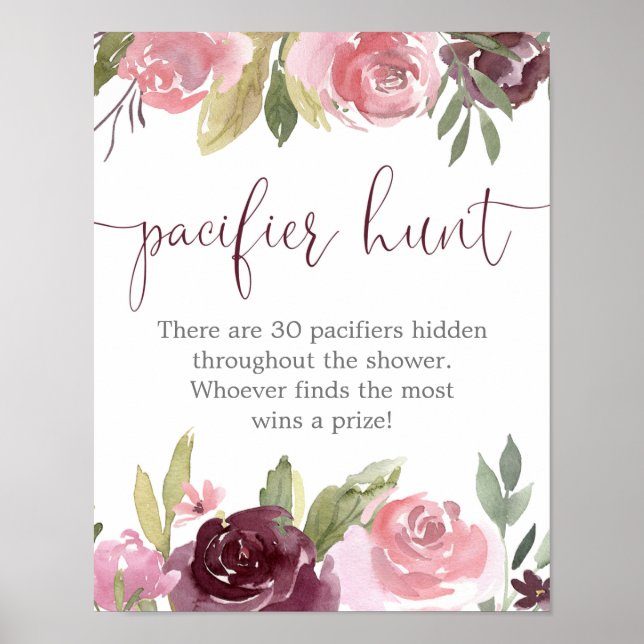 Burgundy blush floral Pacifier hunt shower game Po Poster (Front)
