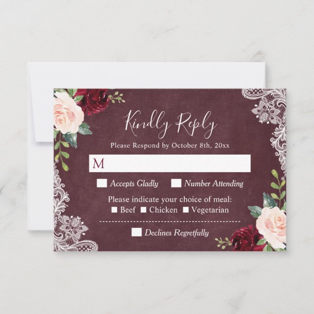 Burgundy Blush Floral Paisley Lace Wedding RSVP Card (Front)