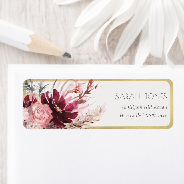 Burgundy Blush Floral Pampas Grass Address Label (Insitu)