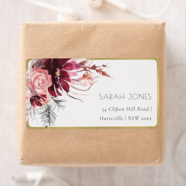 Burgundy Blush Floral Pampas Grass Address Label (Insitu)