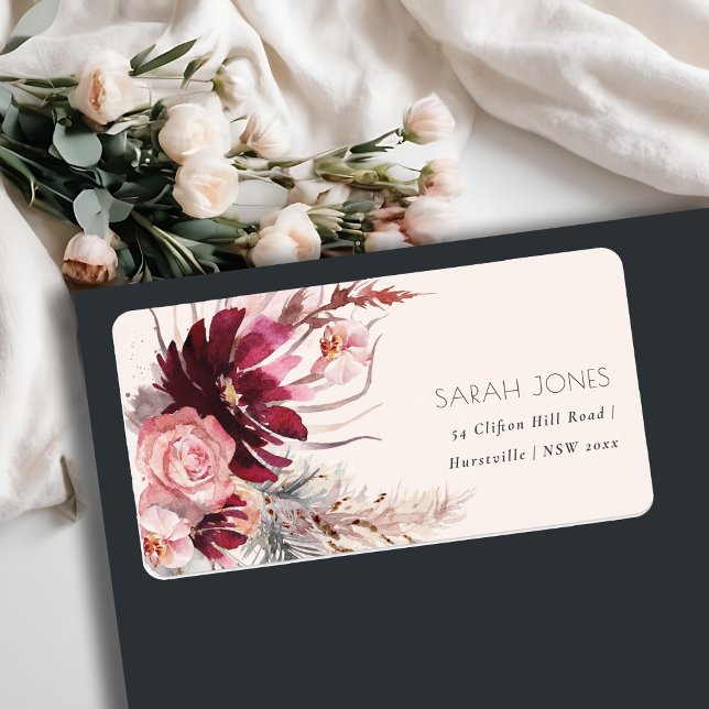 Burgundy Blush Floral Pampas Grass Address Label (Creator Uploaded)