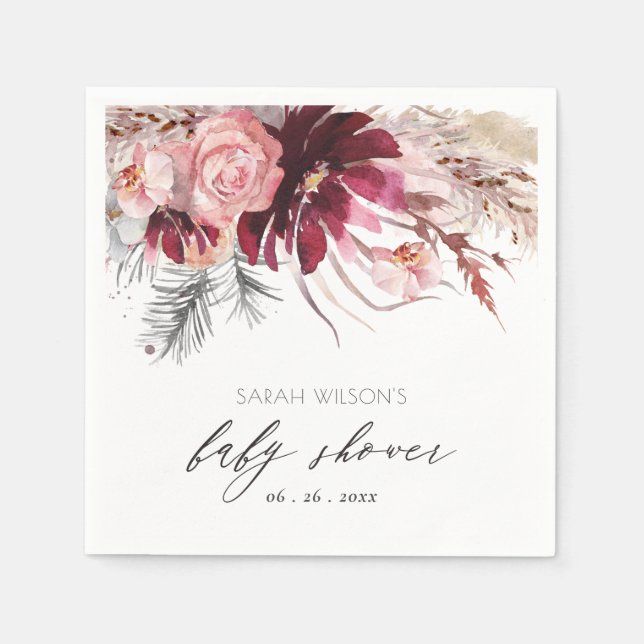 Burgundy Blush Floral Pampas Grass Baby Shower Napkin (Front)