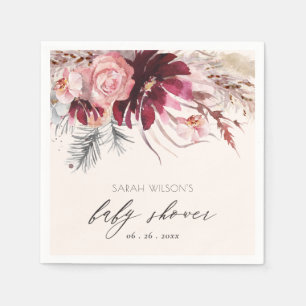 Burgundy Blush Floral Pampas Grass Baby Shower Napkin