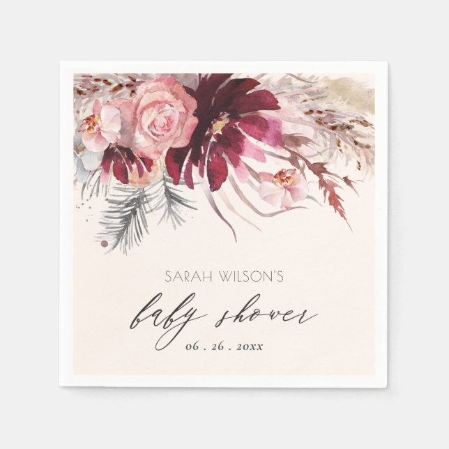 Burgundy Blush Floral Pampas Grass Baby Shower Napkin (Front)