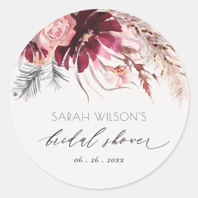 Burgundy Blush Floral Pampas Grass Bridal Shower Classic Round Sticker (Front)