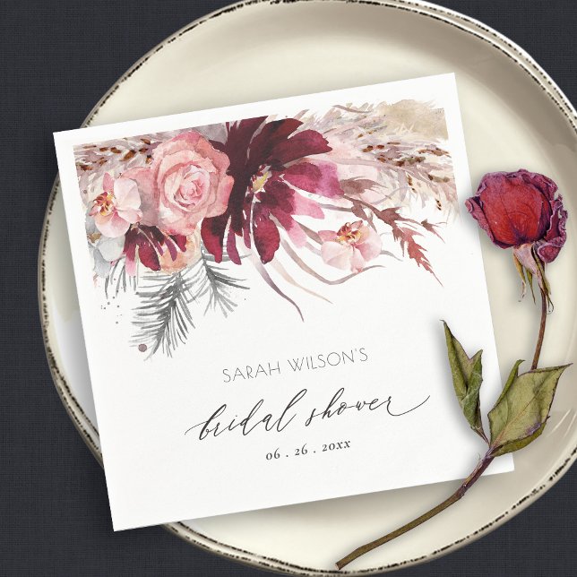 Burgundy Blush Floral Pampas Grass Bridal Shower N Napkin (Creator Uploaded)