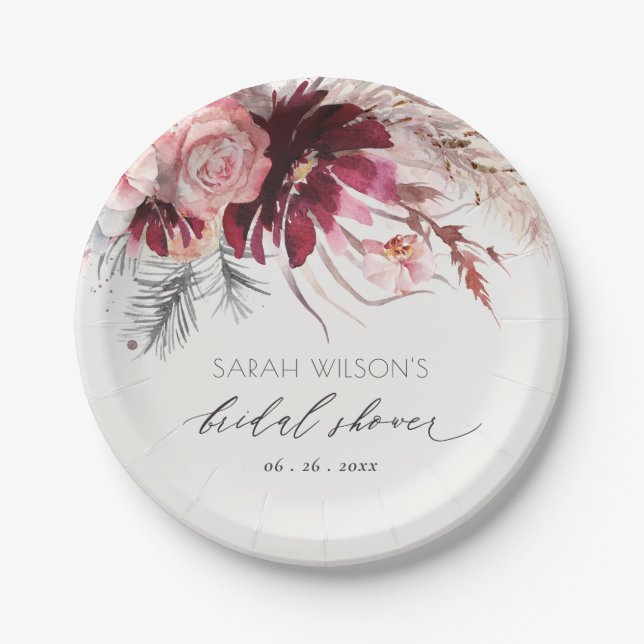 Burgundy Blush Floral Pampas Grass Bridal Shower Paper Plate (Front)