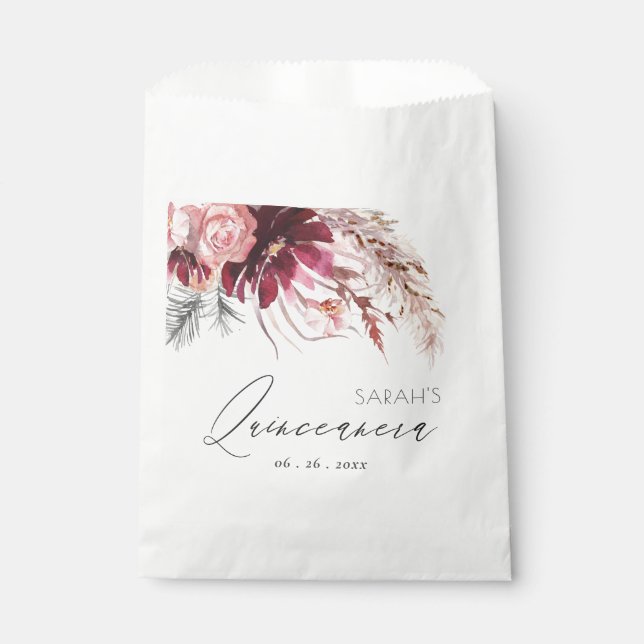 Burgundy Blush Floral Pampas Grass Quinceanera Favour Bags (Front)