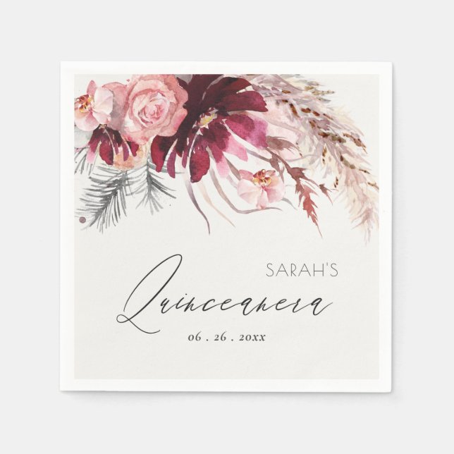 Burgundy Blush Floral Pampas Grass Quinceanera Napkin (Front)