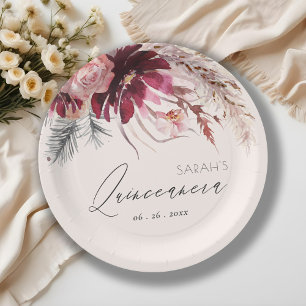 Burgundy Blush Floral Pampas Grass Quinceanera Paper Plate