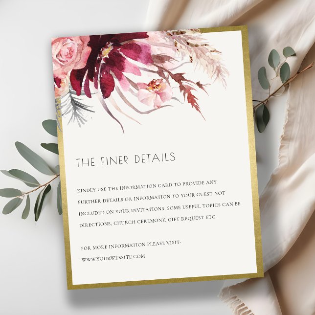Burgundy Blush Floral Pampas Grass Wedding Details Enclosure Card (Creator Uploaded)