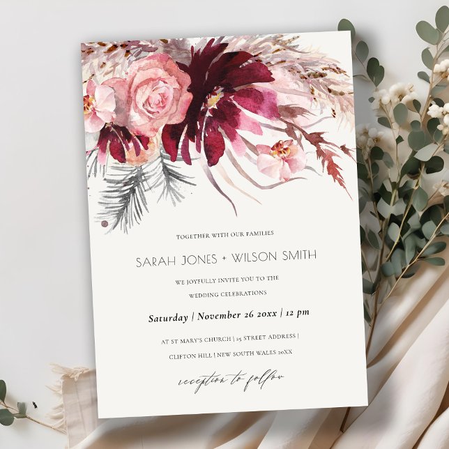 Burgundy Blush Floral Pampas Grass Wedding Invite (Creator Uploaded)