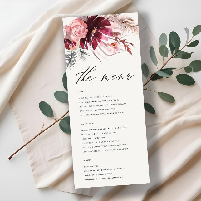 Burgundy Blush Floral Pampas Grass Wedding Menu (Creator Uploaded)