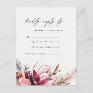 Burgundy Blush Floral Pampas Grass Wedding RSVP En Enclosure Card
