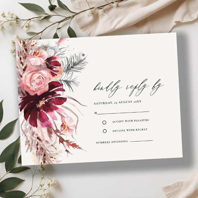 Burgundy Blush Floral Pampas Grass Wedding RSVP En Enclosure Card (Creator Uploaded)