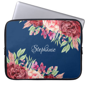 Burgundy Blush Floral Personalised Name Navy Blue Laptop Sleeve